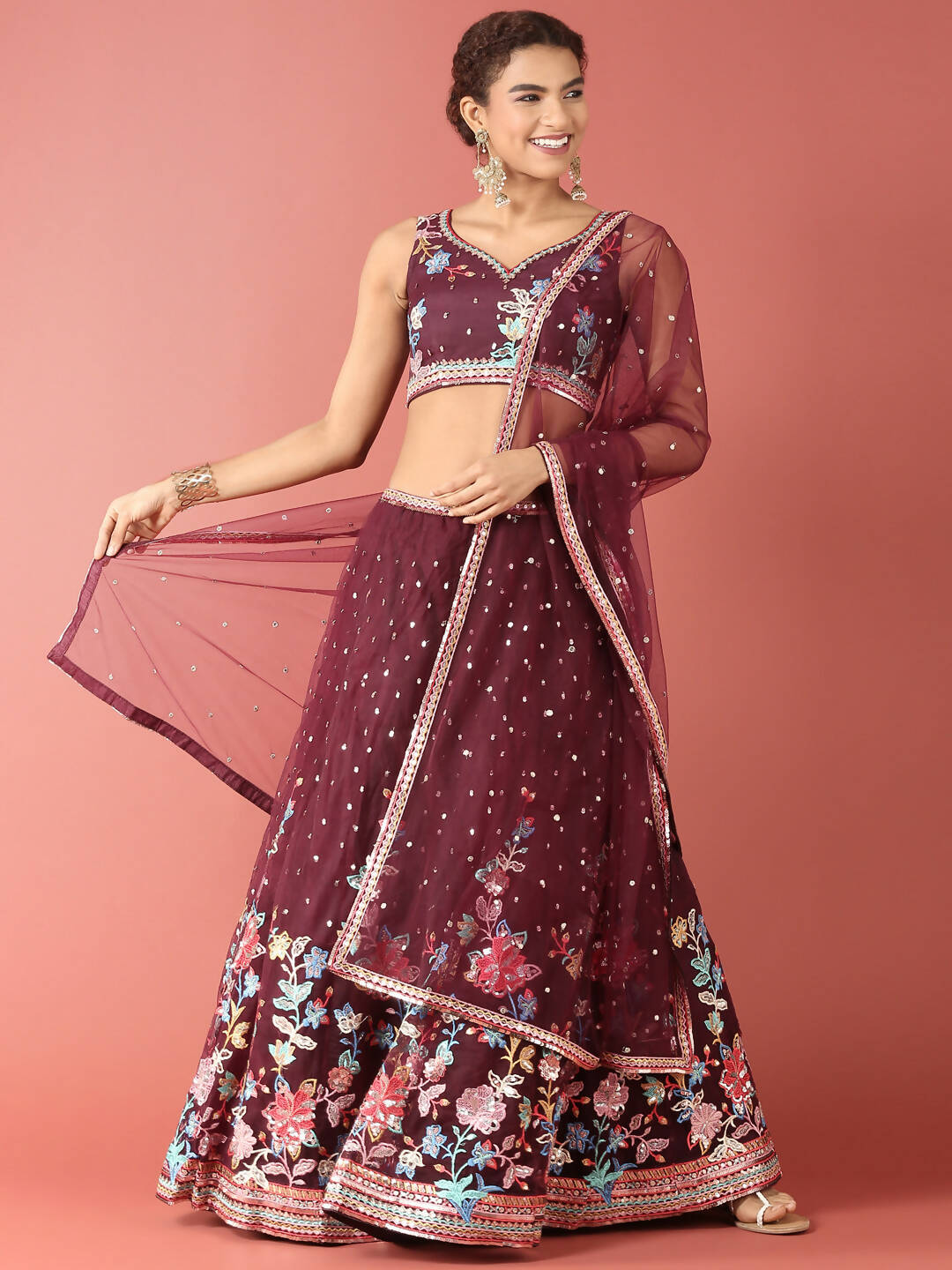 House of Panchhi Burgundy Net Multi colour Thread & Sequinse Work Lehenga & Blouse, Dupatta | Swadesiicart