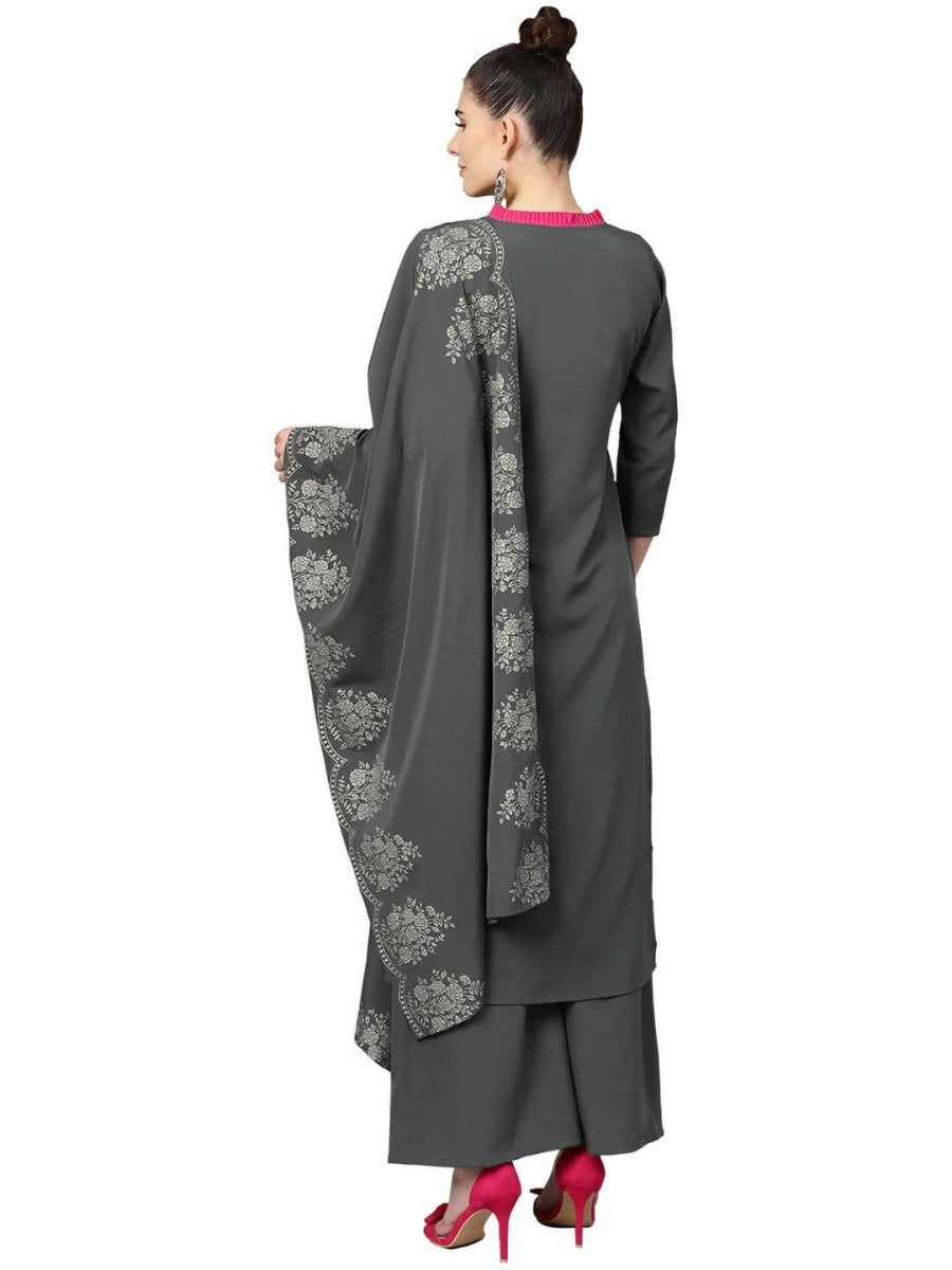 Ahalyaa Grey Crepe Printed Kurta Palazzo Set With Dupatta | Swadesiicart