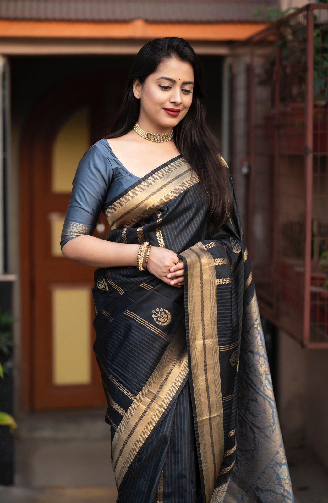 Blue Silk Woven Saree with Unstitched Blouse - Hiral Fashion | Swadesiicart