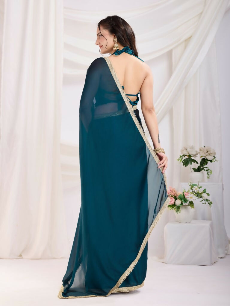 Teal Blue Rangoli Silk Solid, Lace Border Ready To Wear Saree - Kashvi | Swadesiicart