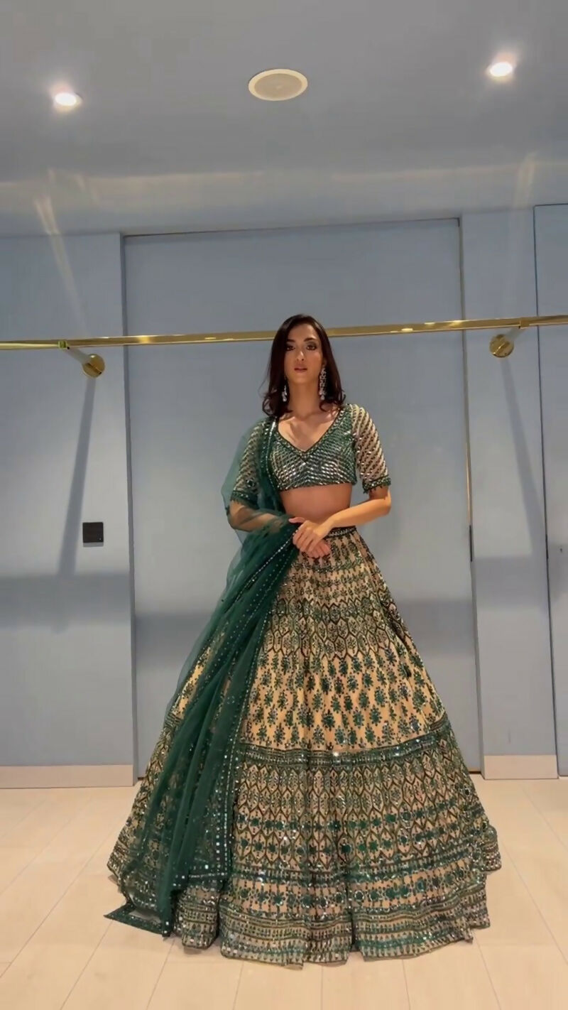 Jyoti Fashion Teal Green & Cream 3mm with Thread Embroidery Georgette Lehenga Choli with Dupatta | Swadesiicart