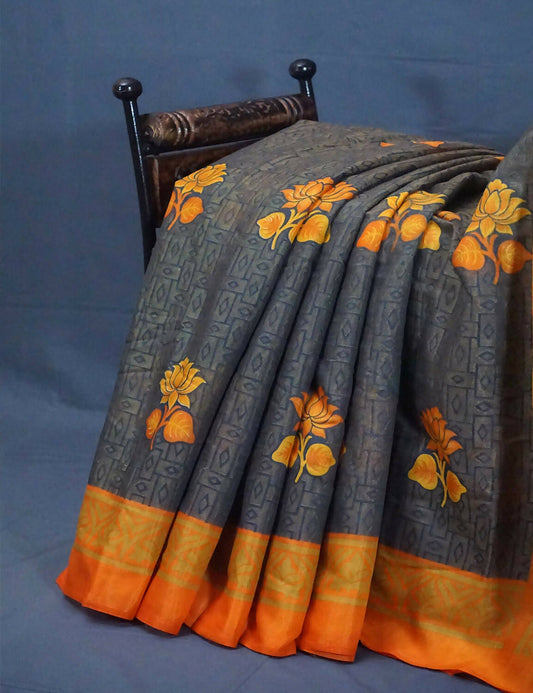 Olive Grey And Orange Cotton Brasson Saree For Office/Regular Wear By Gayathri Reddy Designer Studio | Swadesiicart