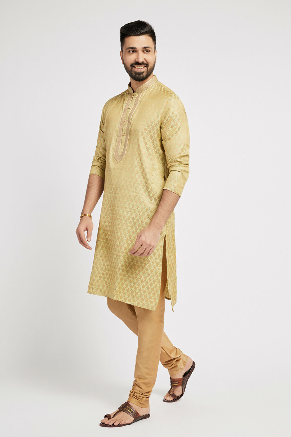 Ethnic India Green Men's Kurta Woven Design Polyester | Swadesiicart