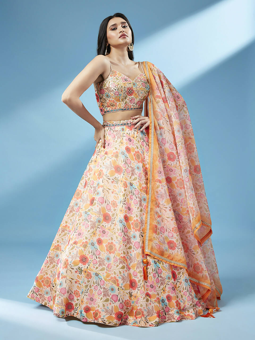 House of Panchhi Orange Organza Floral Printed Lehenga choli & Dupatta | Swadesiicart