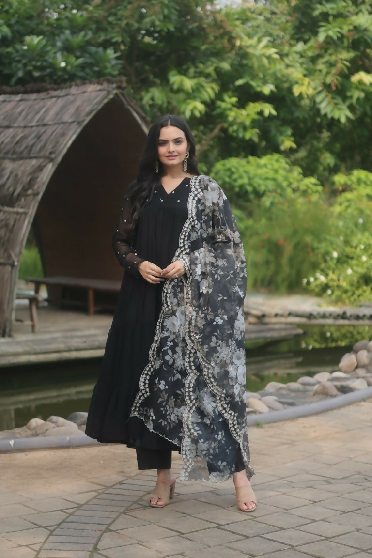 Jyoti Fashion Women's Black Faux Blooming Butti Work Kurta with Trouser & Dupatta | Swadesiicart