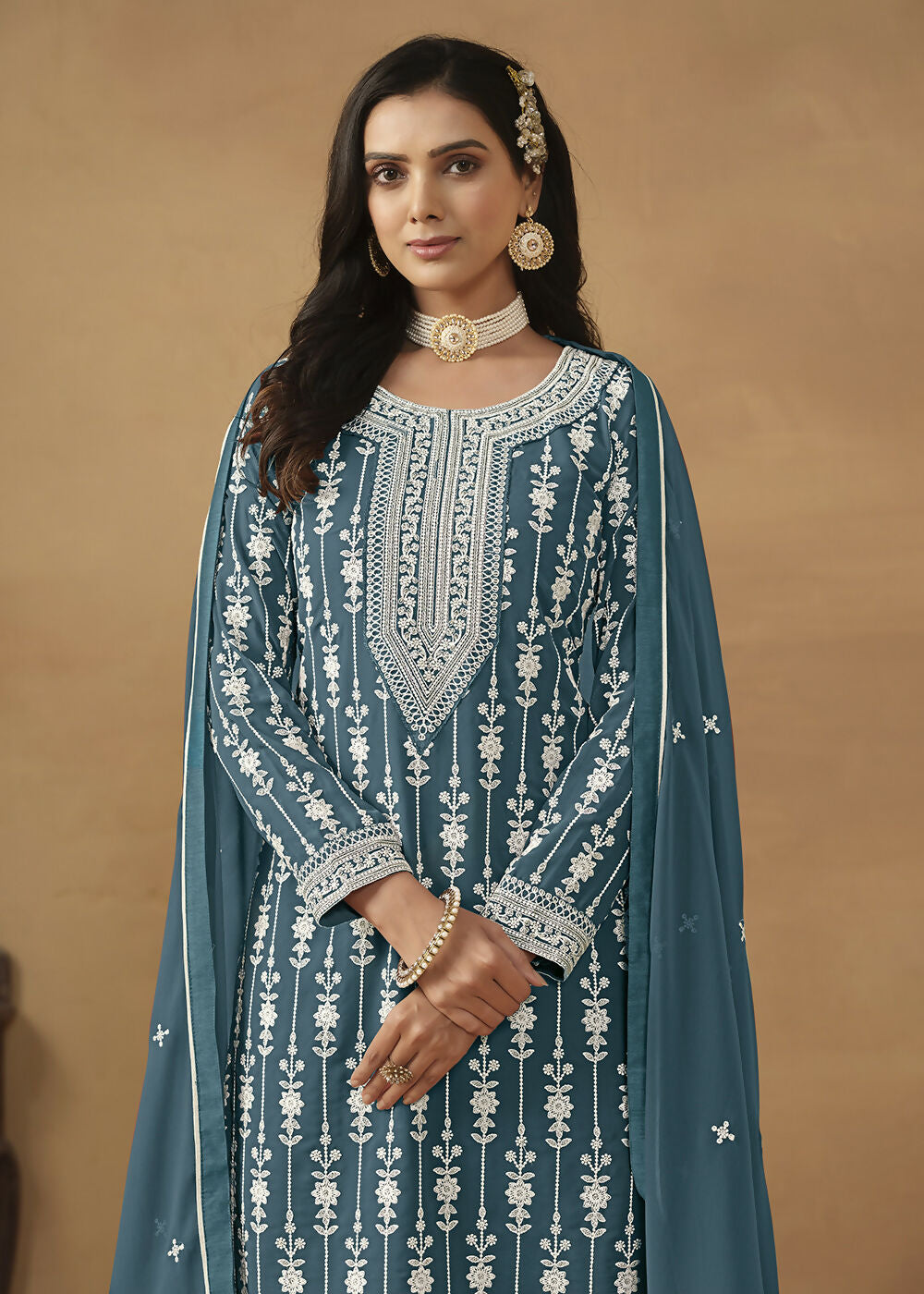Radiant Teal Embroidered Wedding Festive Gharara Suit - Emponline | Swadesiicart