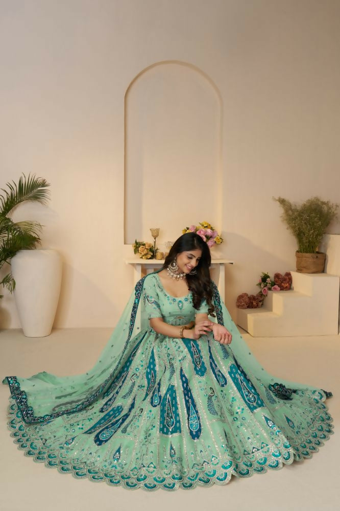 Kesar Fab Sky-Blue Banarasi Silk Embroidered Lehenga | Swadesiicart