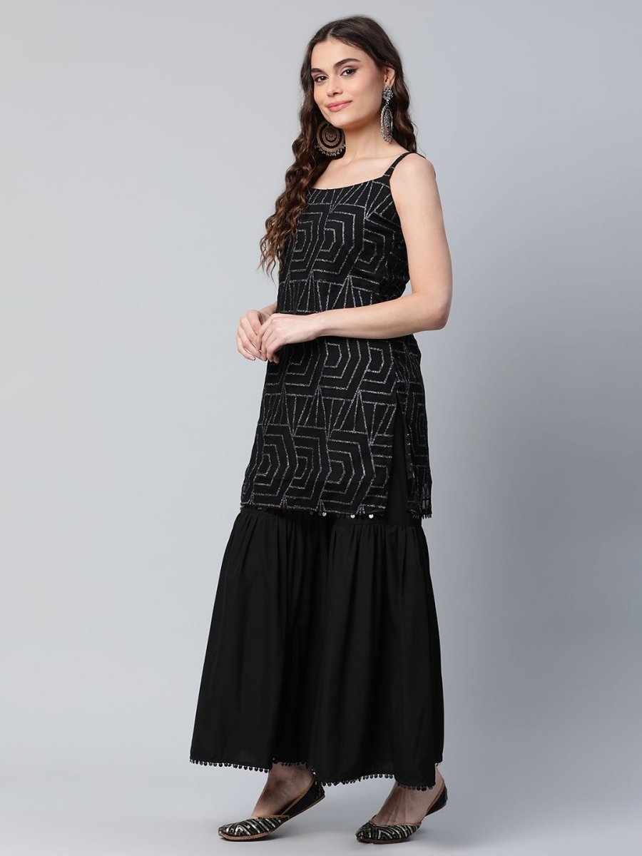 Ahalyaa Women Black Net Glitter Print Short Kurti With Sharara Dupatta Set | Swadesiicart