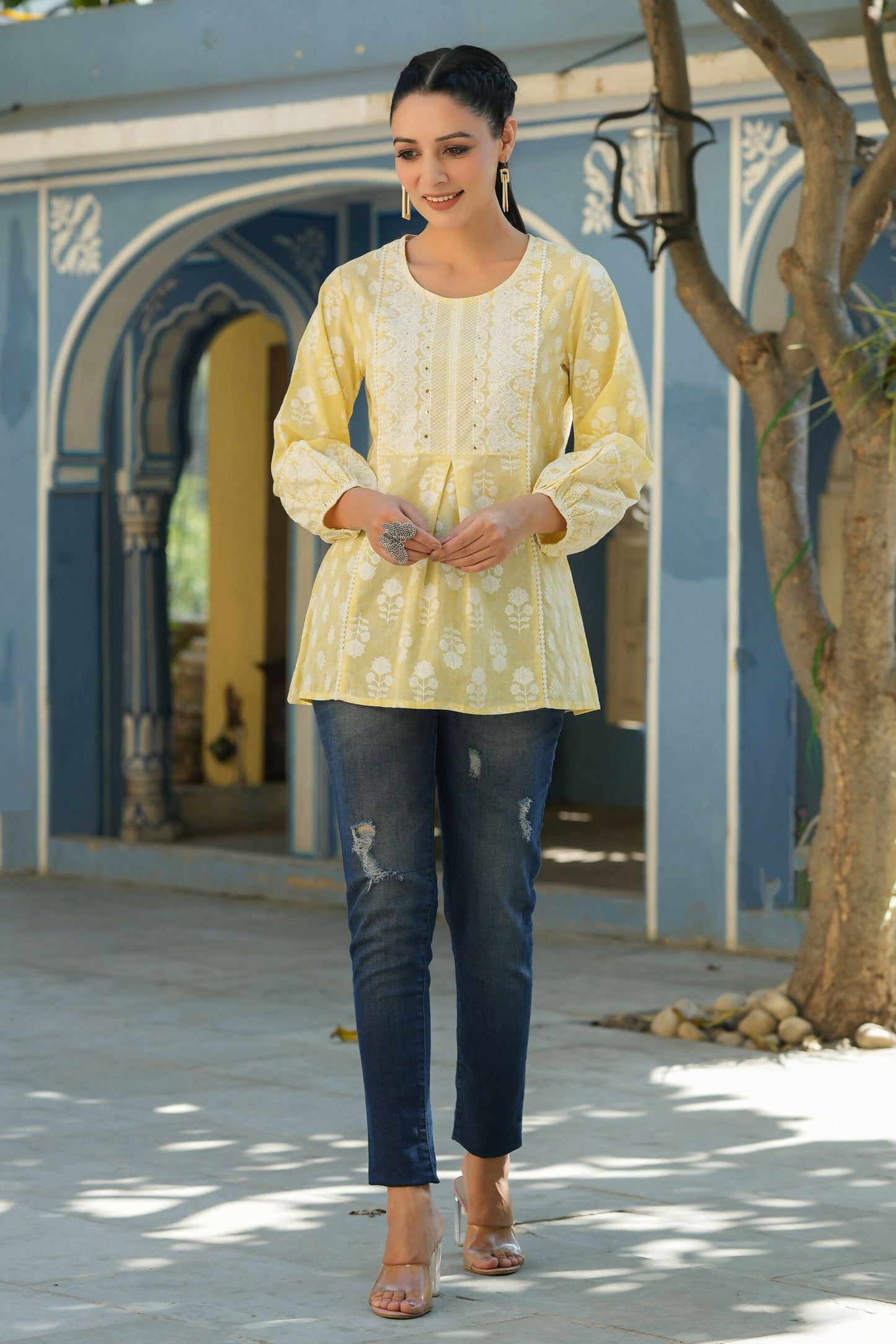 Juniper Women's Lemonyellow Printed A-Line Tunic | Swadesiicart
