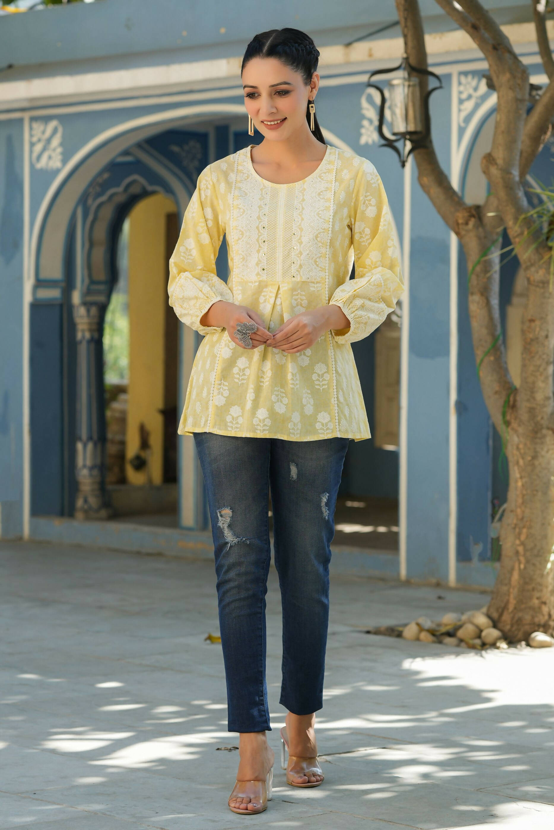 Juniper Women's Lemonyellow Printed A-Line Tunic | Swadesiicart