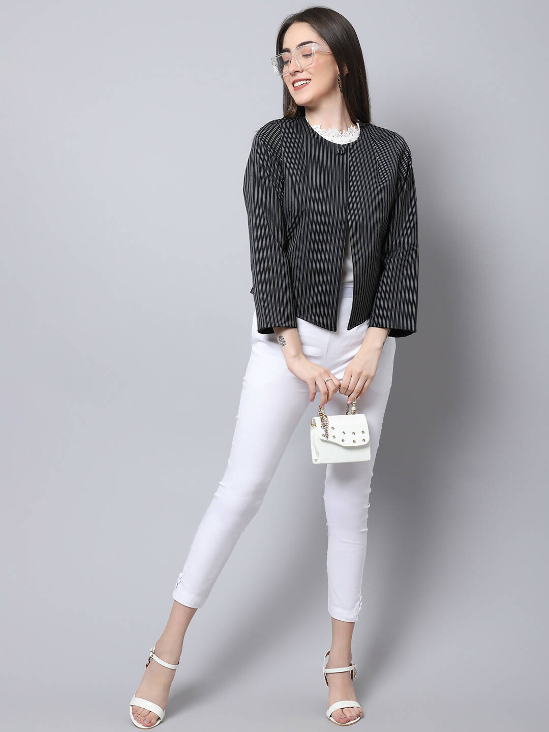 Even Apparels Black Polywool Open Front Statement Women's Jacket | Swadesiicart