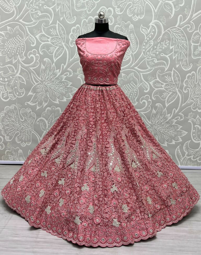 Jyoti Fashion Women's Pink Bridal Net Fancy Dori, Multi Thread, Hand Mirror and Diamond Work Wedding Lehenga Choli | Swadesiicart