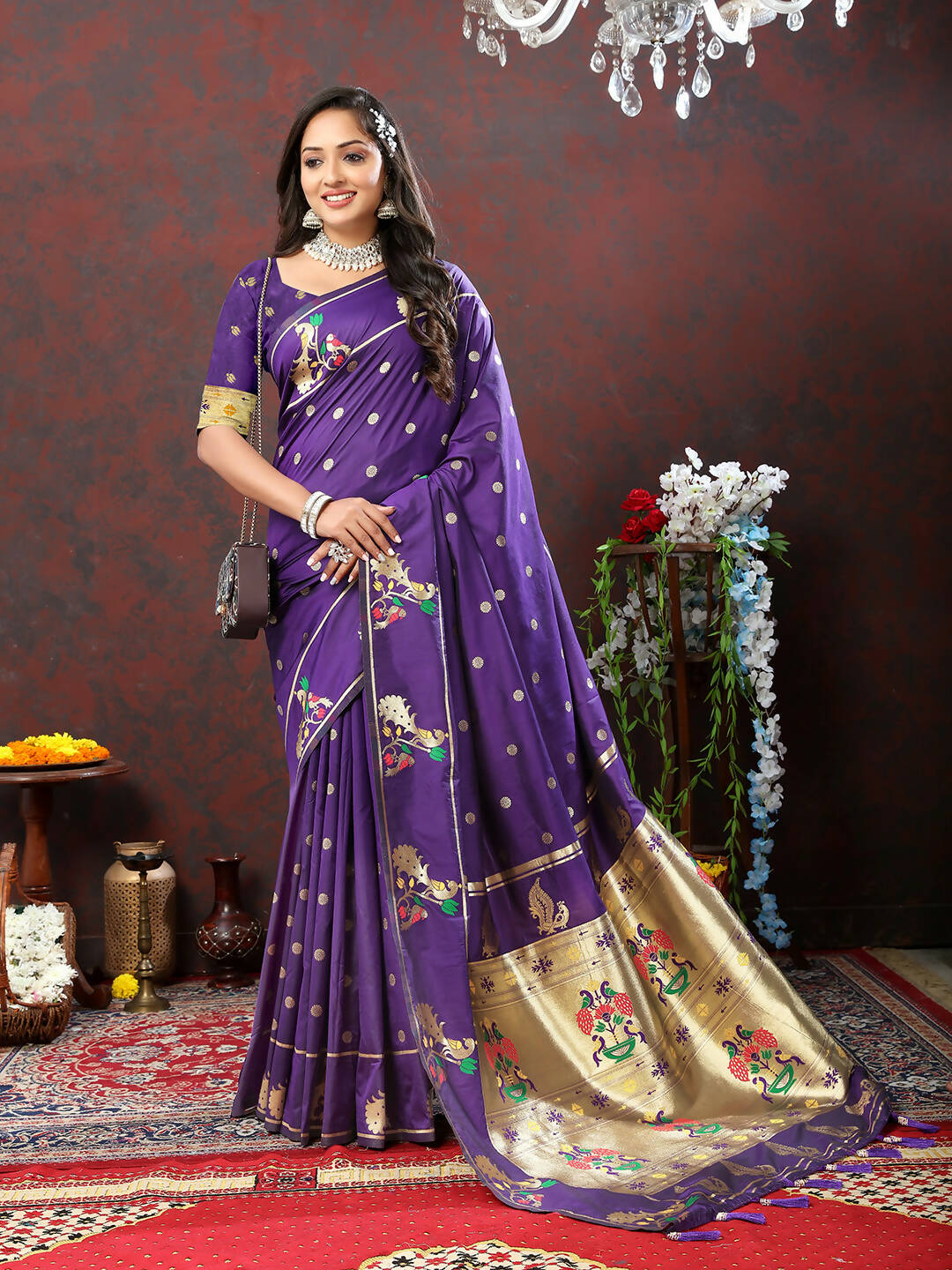 Lorenvalley Fashion Purple Soft Paithani Silk Woven Design Gold Zari Meenakari Weaving Saree - Swadesiicart
