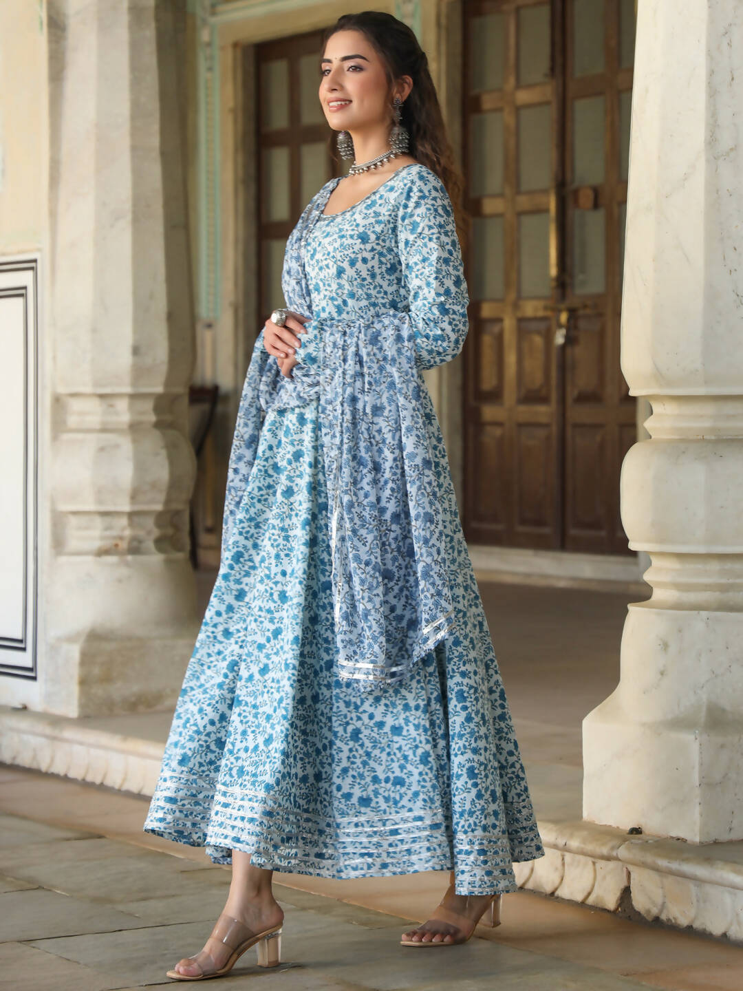 Juniper Women's Blue Cambric Floral Printed Circular Kurta Dupatta Sets | Swadesiicart