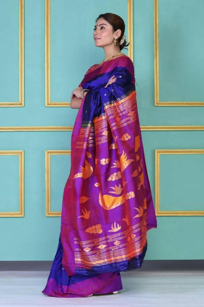 Very Much Indian Handloom Pure Silk Dark Violet Muniya Border Paithani | Swadesiicart