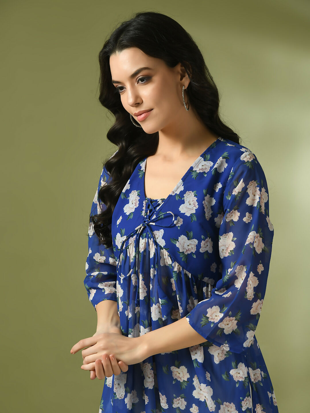 Myshka Women's Blue Printed Georgette A-Line Nyra-cut Kurta - Swadesiicart
