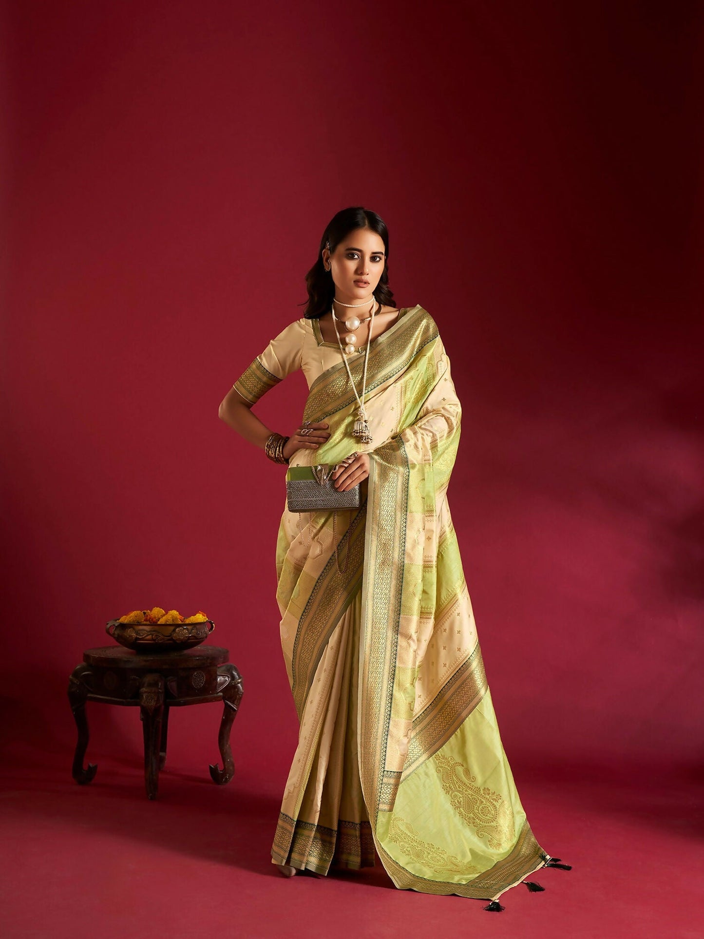Joban Fashion Cream & Parrot Green Plain With Weaving Border Banarasi Silk Sarees | Swadesiicart