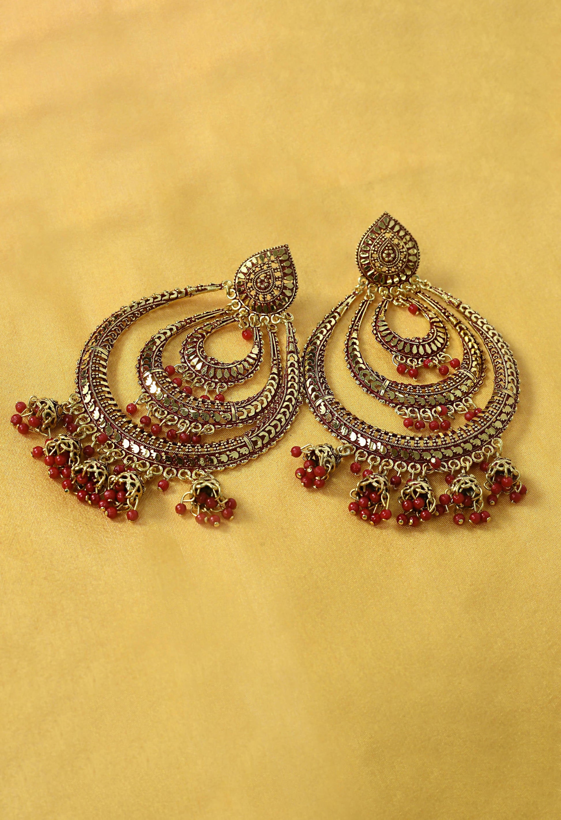 Mominos Fashion Johar Kamal Triple Circle White With Red Big Size Earrings - Swadesiicart