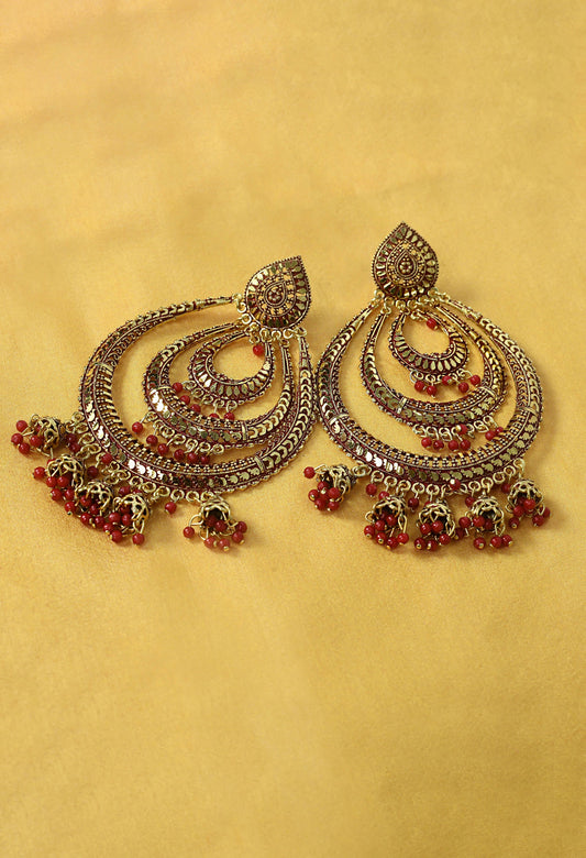 Mominos Fashion Johar Kamal Triple Circle White With Red Big Size Earrings - Swadesiicart