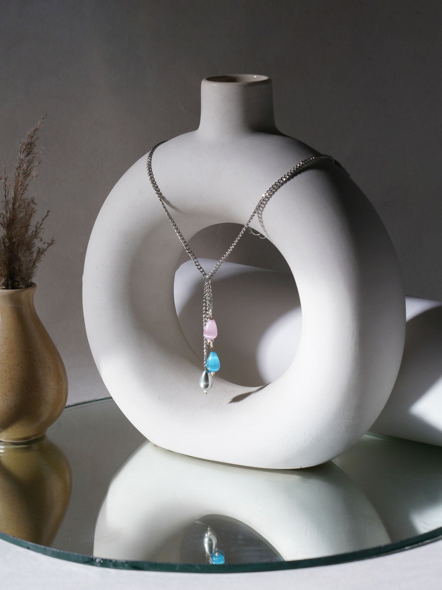 Long Silver Neckpiece with Multi Stones (silver) - Ruby Raang | Swadesiicart