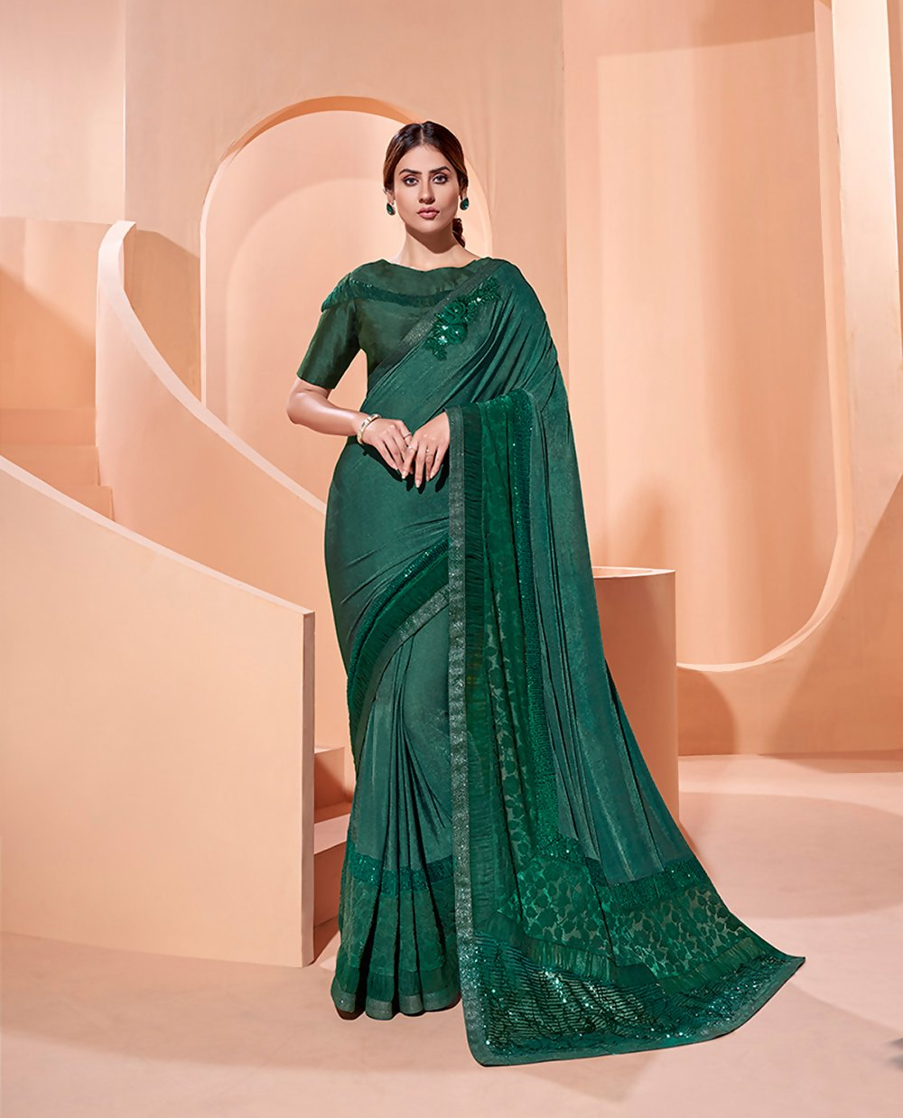 Green Lycraflock Work, Seuqins Embroidery, Handwork Shoulder Butta Saree - Norita Hit - Swadesiicart