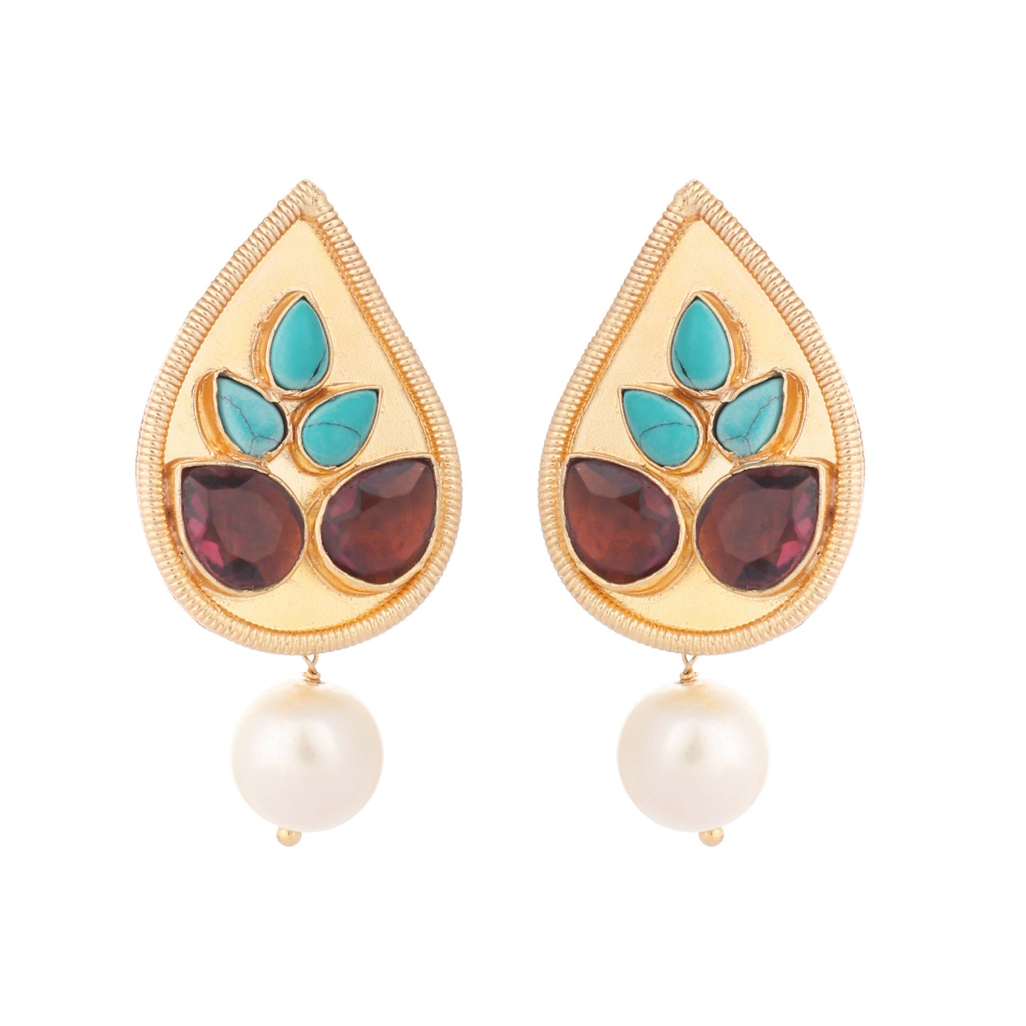 Nuyug 22K Gold Plated Faux Turquoise Stone Studded Contemporary Petal Shaped Pearl Drop Stud Earrings | Swadesiicart