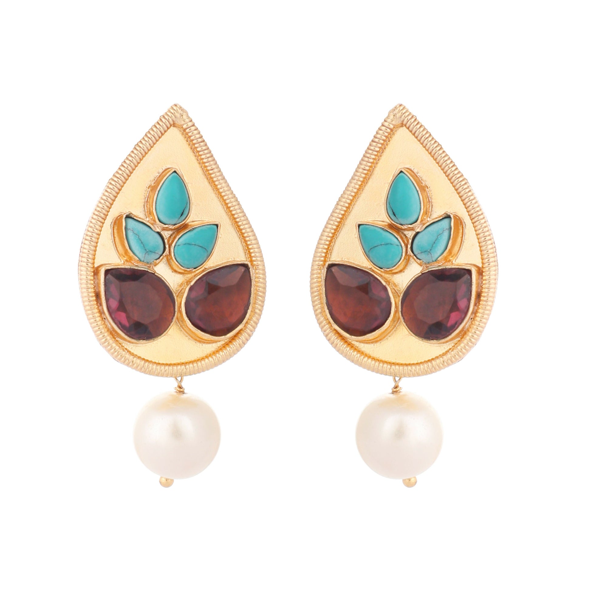 Nuyug 22K Gold Plated Faux Turquoise Stone Studded Contemporary Petal Shaped Pearl Drop Stud Earrings | Swadesiicart