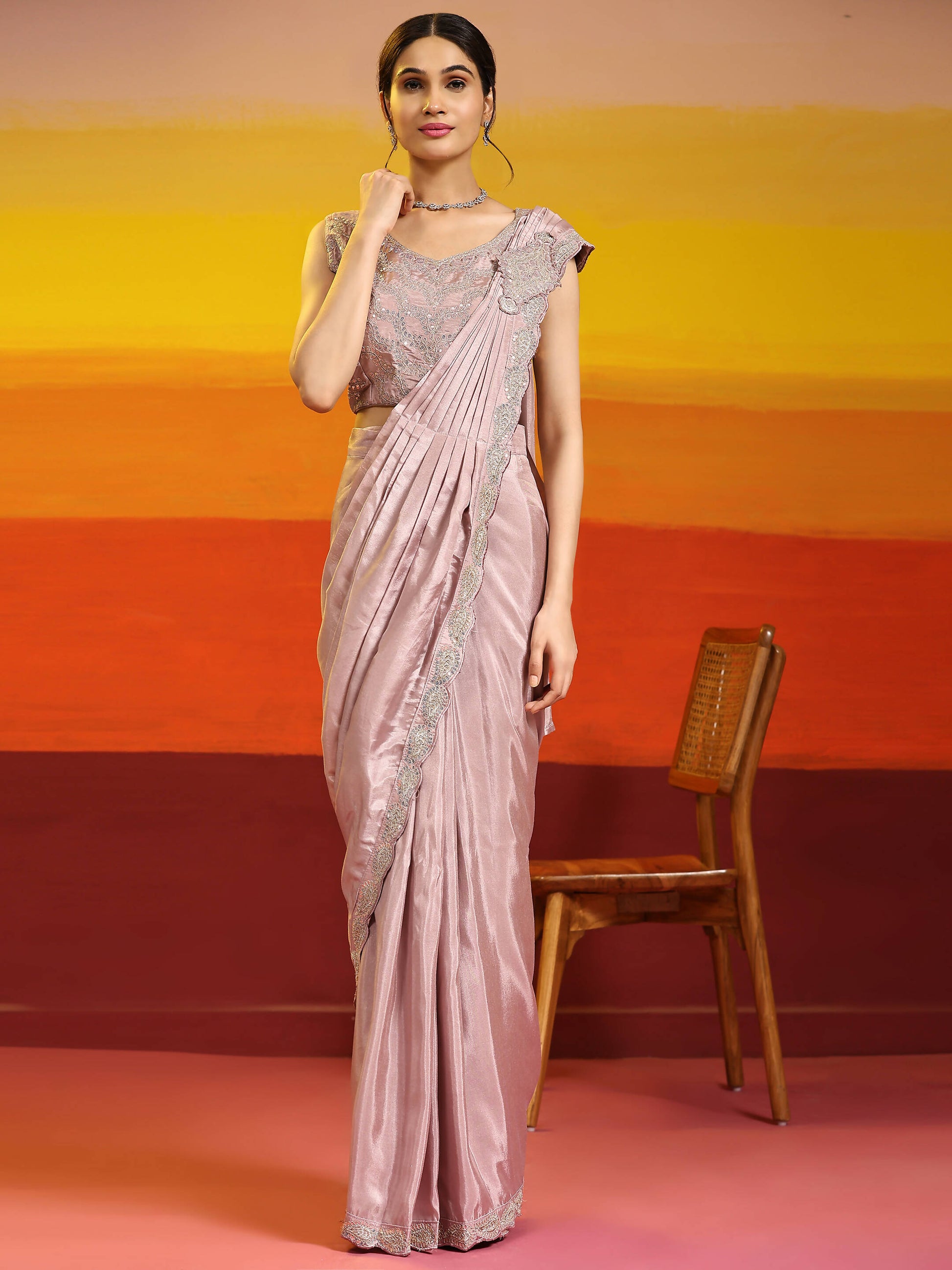 Lavendar Silk Satin Plain Ready to wear Saree with stitched Blouse - Vrinda | Swadesiicart