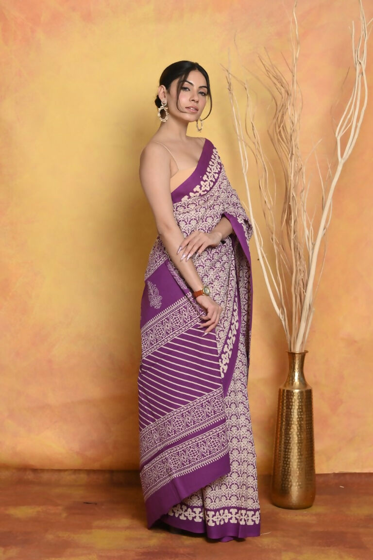 Very Much Indian Handblock Printed Cotton Saree With Natural Dyes - White | Swadesiicart