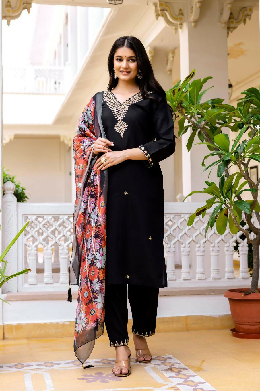 The52 Black Women's Beautiful Viscose Chanderi Fabric Embroidered Work Straight Kurta Pant and Dupatta Set - Swadesiicart