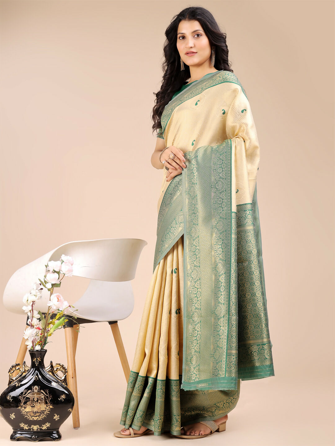 Astita Aura Silk Cream Green Banarasi Silk Saree | Swadesiicart