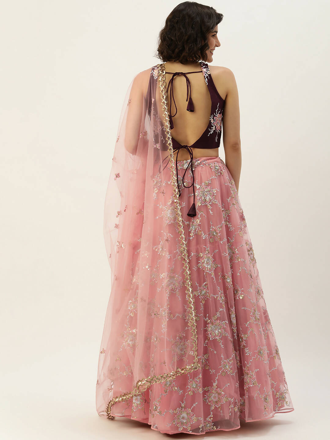 House of Panchhi Pink Net Sequins Embroideried Lehenga | Swadesiicart