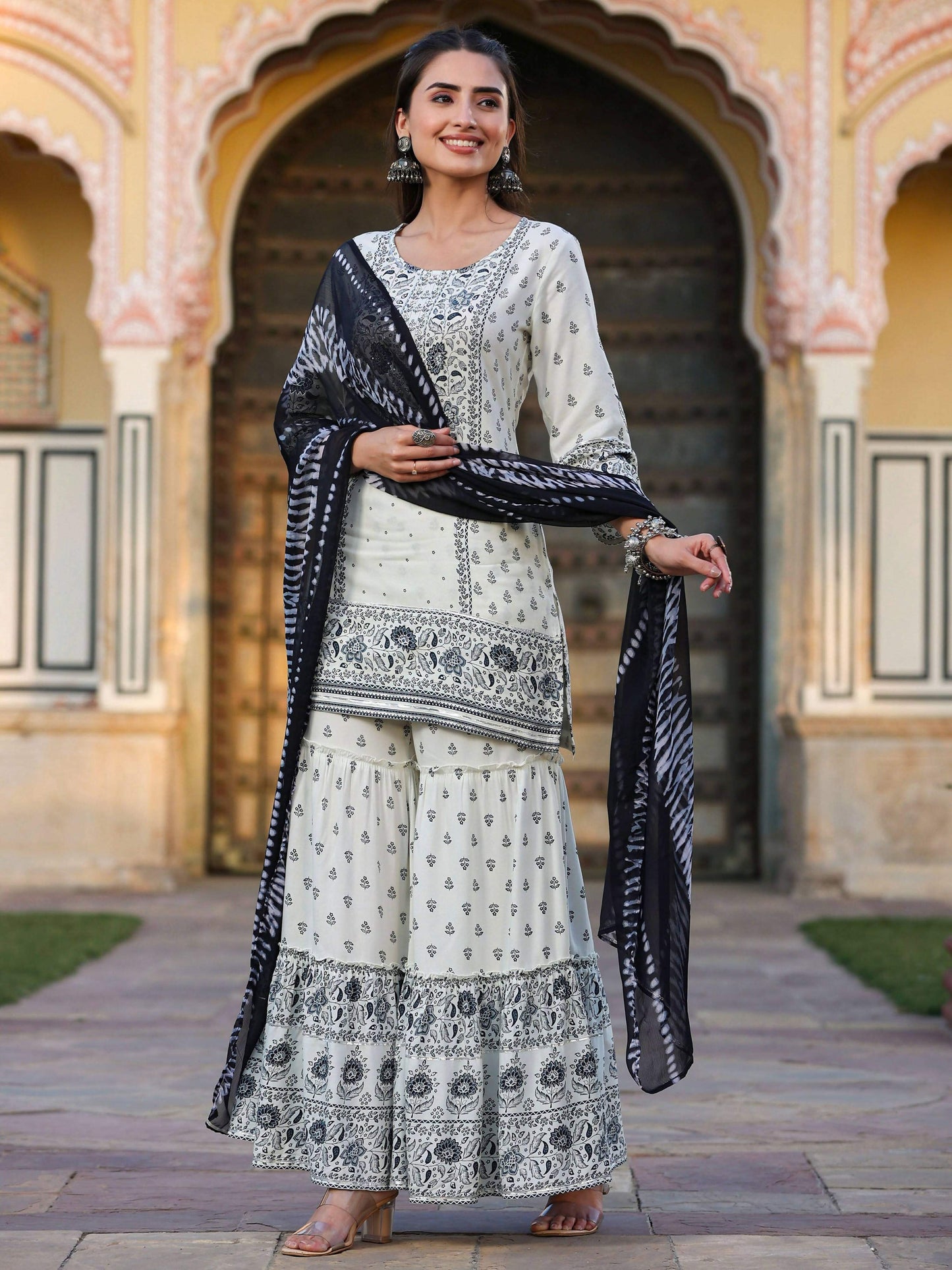 Juniper Women's Off White Rayon Floral Placement Kurta With Sharara And Dupatta Set | Swadesiicart