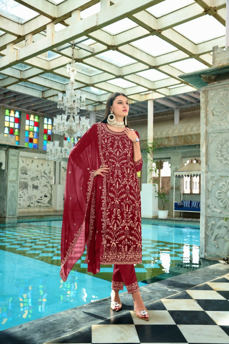Jyoti Fashion Women's Maroon Faux Georgette Heavy Embroidery and Moti Work Kurta Set | Swadesiicart
