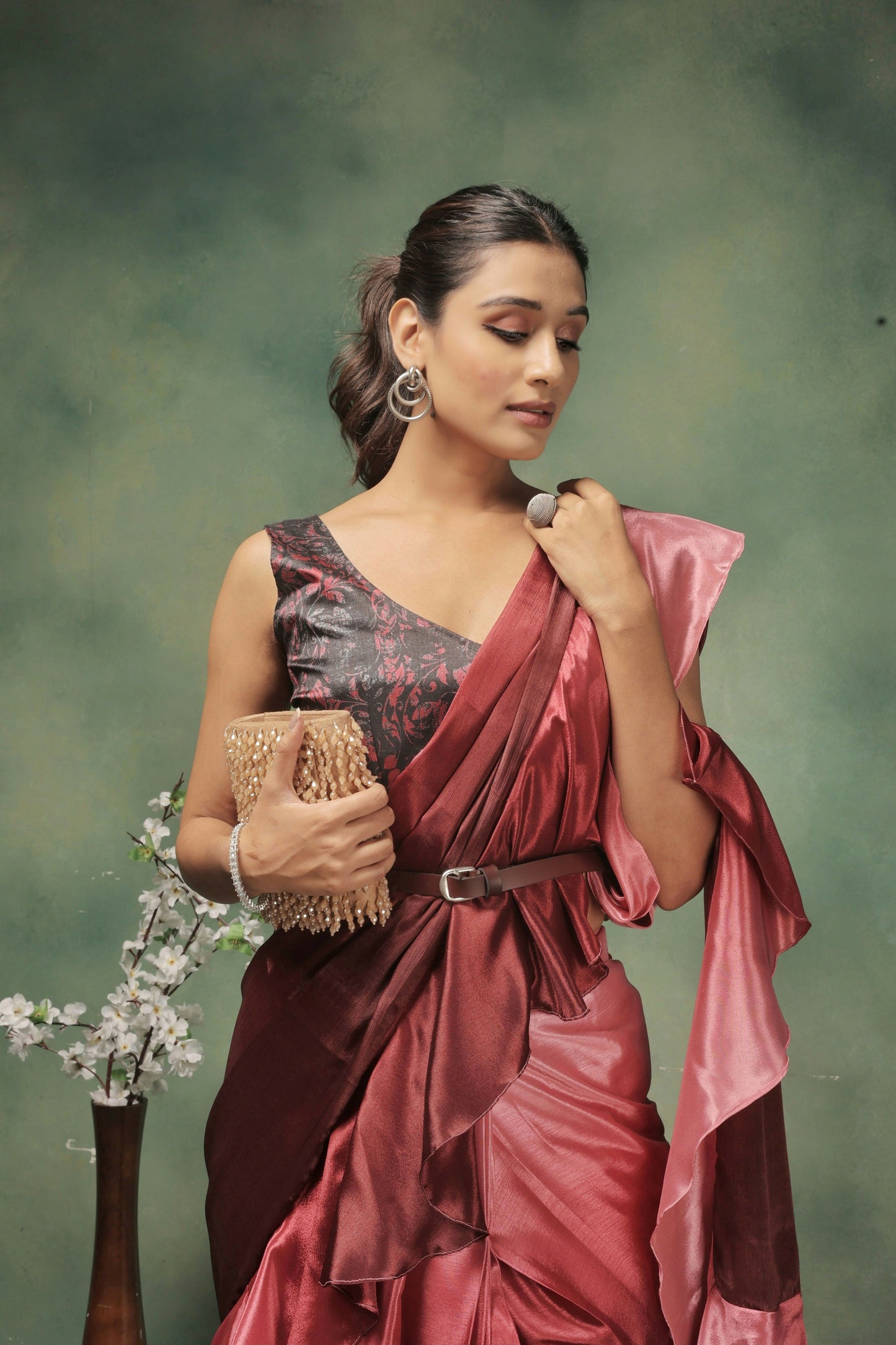 Pink Satin Solid Designer, Printed Party Wear Ready To Wear Saree - Nasreen | Swadesiicart