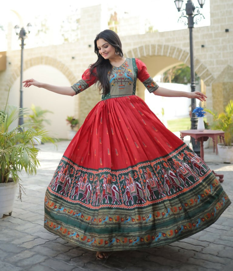 Jyoti Fashion Women's Red Patola with Foil Print Dola Silk Anarkali Dress | Swadesiicart