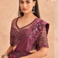 Wine Satin Embroidered Ready To Wear Saree With Unstitched Blouse Piece - Nandika | Swadesiicart