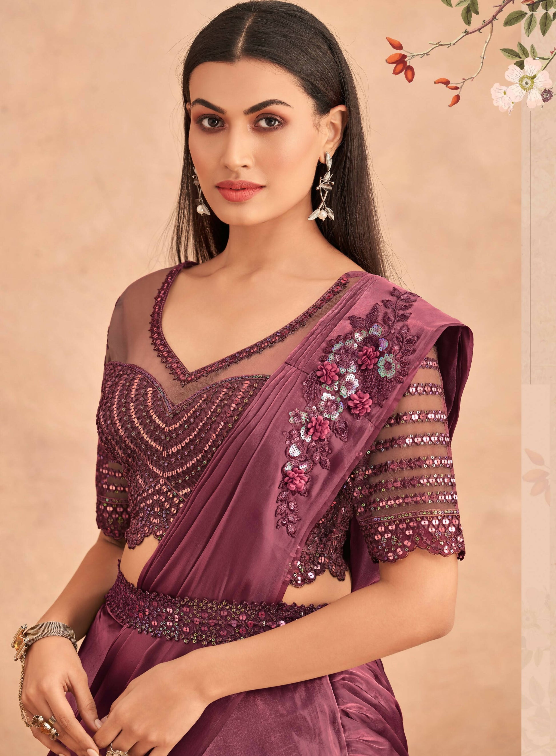 Wine Satin Embroidered Ready To Wear Saree With Unstitched Blouse Piece - Nandika | Swadesiicart