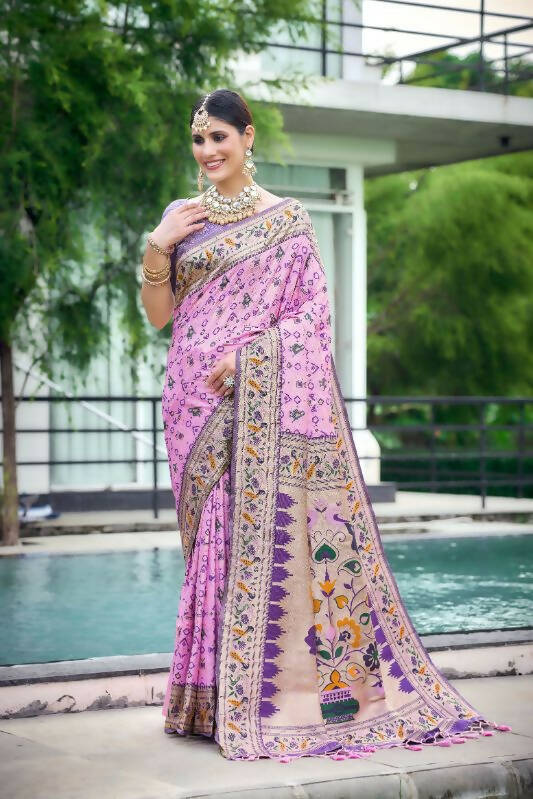 Vishnu Weaves Women's Baby Pink Paithani Patola Silk Zari Woven Saree with Unstitched Blouse - Swadesiicart