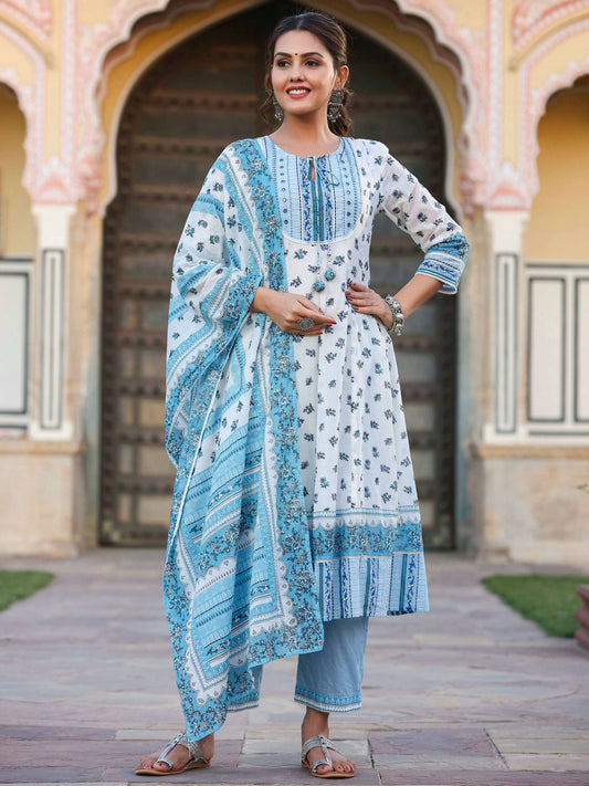 Juniper Women's White Cotton Voile Floral Printed Kurta With Cambric Straight Pant And Voile Duptta | Swadesiicart