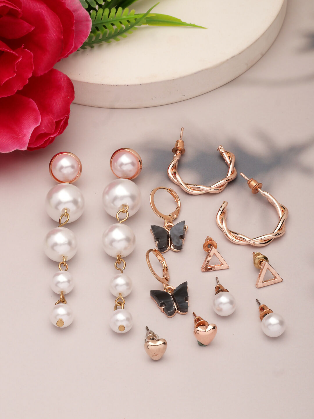 NVR Women's Set of 6 White Pearl Gold-Polished Contemporary Drop Earrings | Swadesiicart