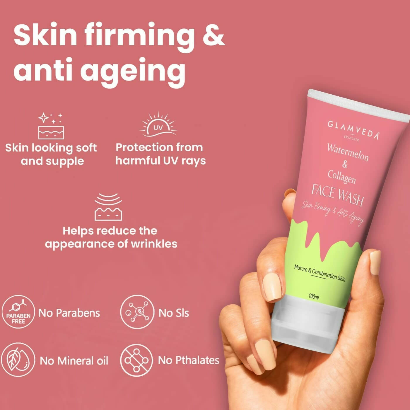 Glamveda Watermelon & Collagen Firming Face Wash - Swadesiicart