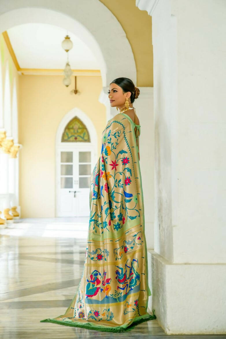 Vishnu Weaves Women's Pista Paithani Silk Zari Woven Saree with Unstitched Blouse - Swadesiicart
