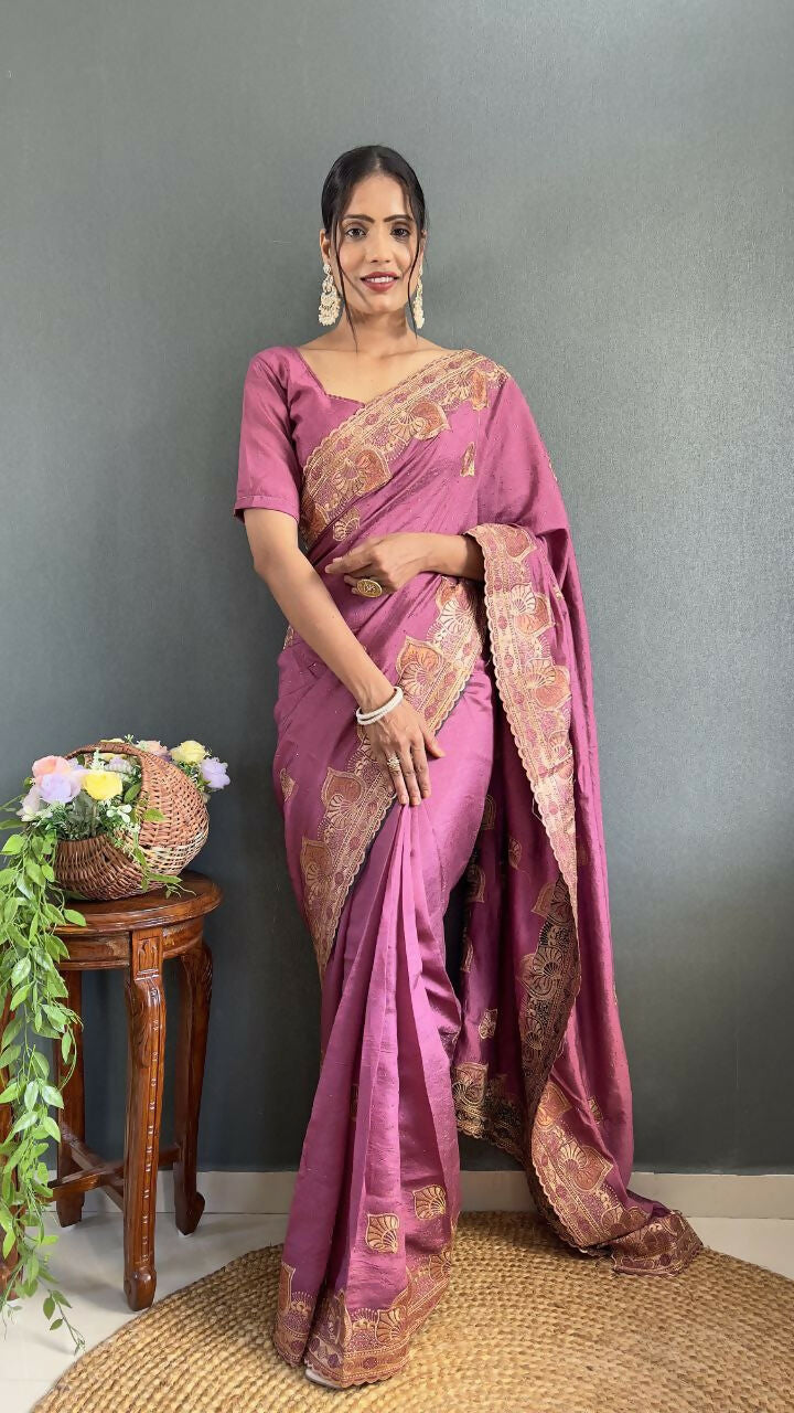 Vastranavya Mauve Vichitra Silk Zari with Swarovski Work Ready to Wear Saree | Swadesiicart