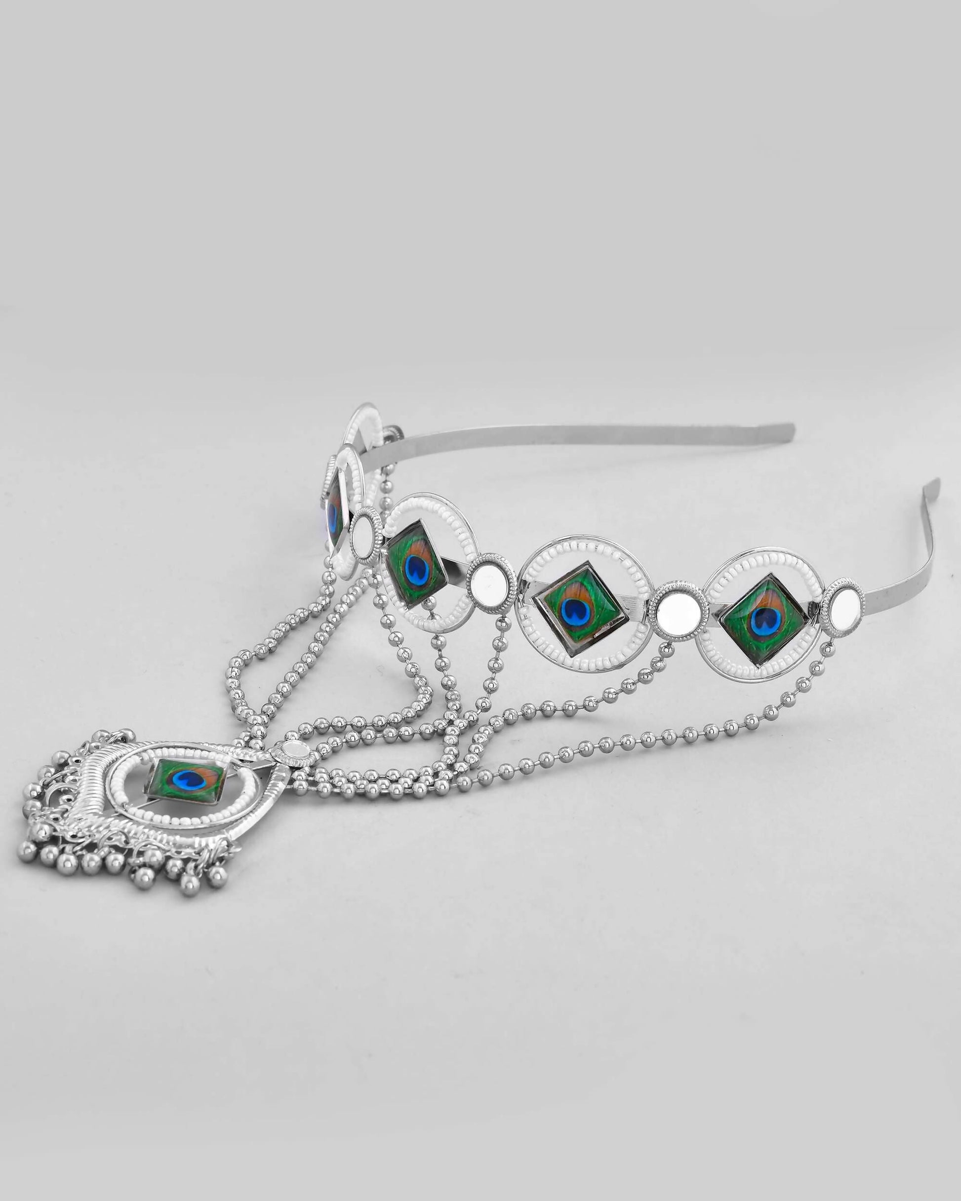 VOJ Silver Plated Peacock Printed Hairband With Mang Tikka | Swadesiicart