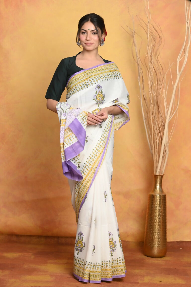 Very Much Indian Handblock Printed Cotton Saree With Natural Dyes - White | Swadesiicart