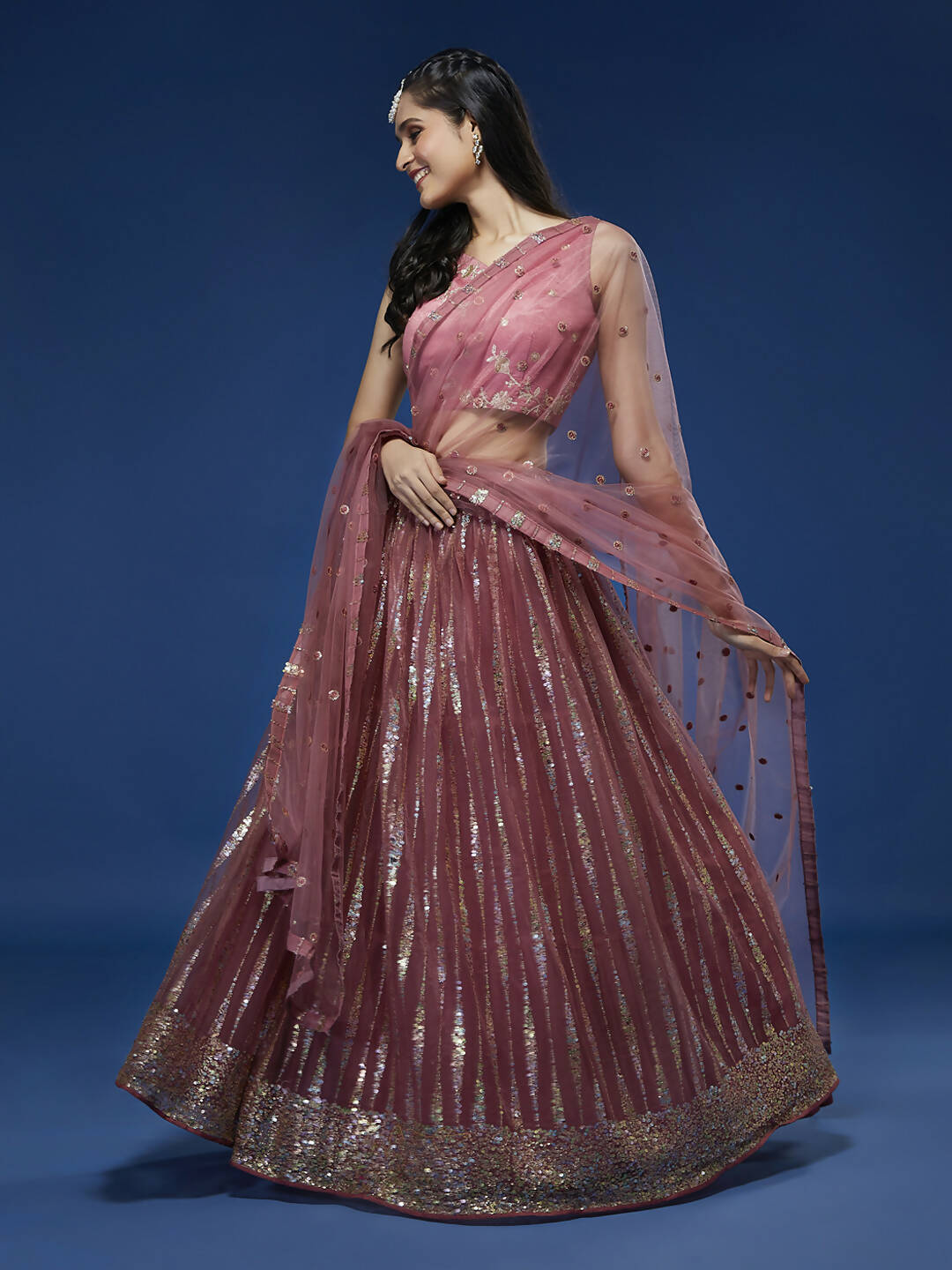 House of Panchhi Rose Gold Net Sequinse Work Lehenga & Blouse, Dupatta | Swadesiicart