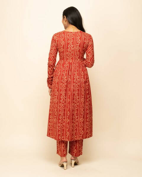 FIORRA Women's Red Cotton A-Line Kurta Pant With Dupatta - Swadesiicart