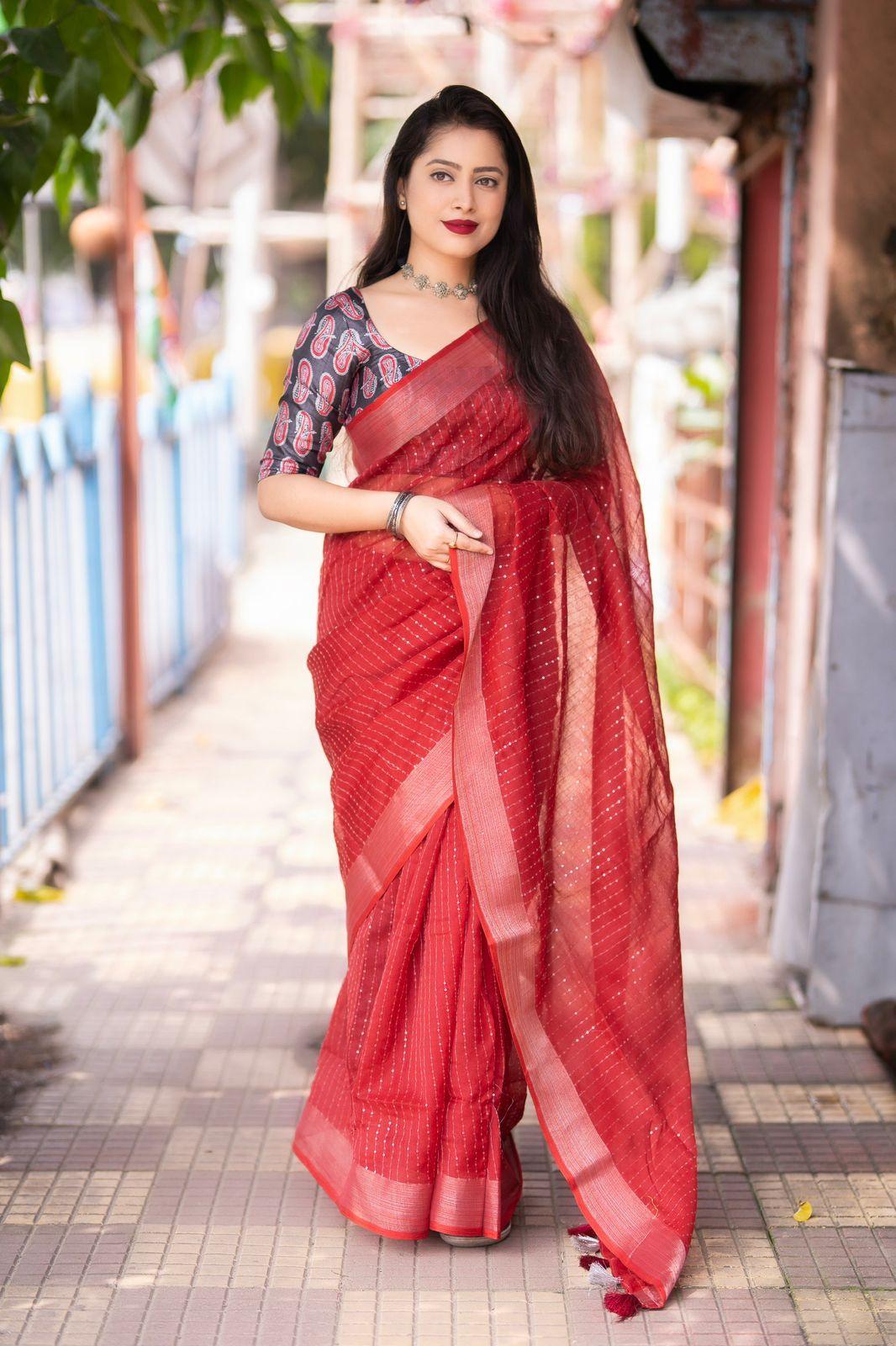 Red Linen Sequence Saree with Unstitched Blouse - Hiral Fashion | Swadesiicart