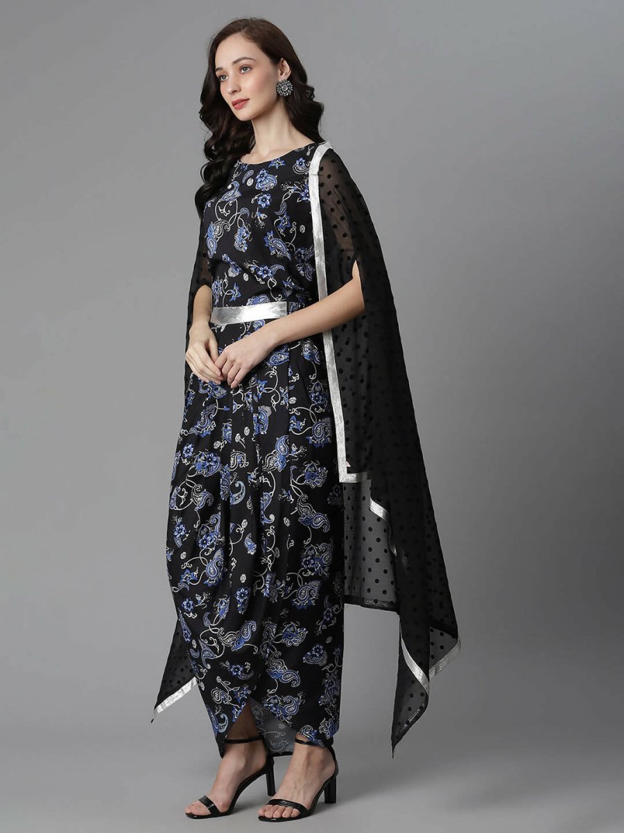 Ahalyaa Women's Black Color Crepe Digital Print Top Skirt With Shrug | Swadesiicart